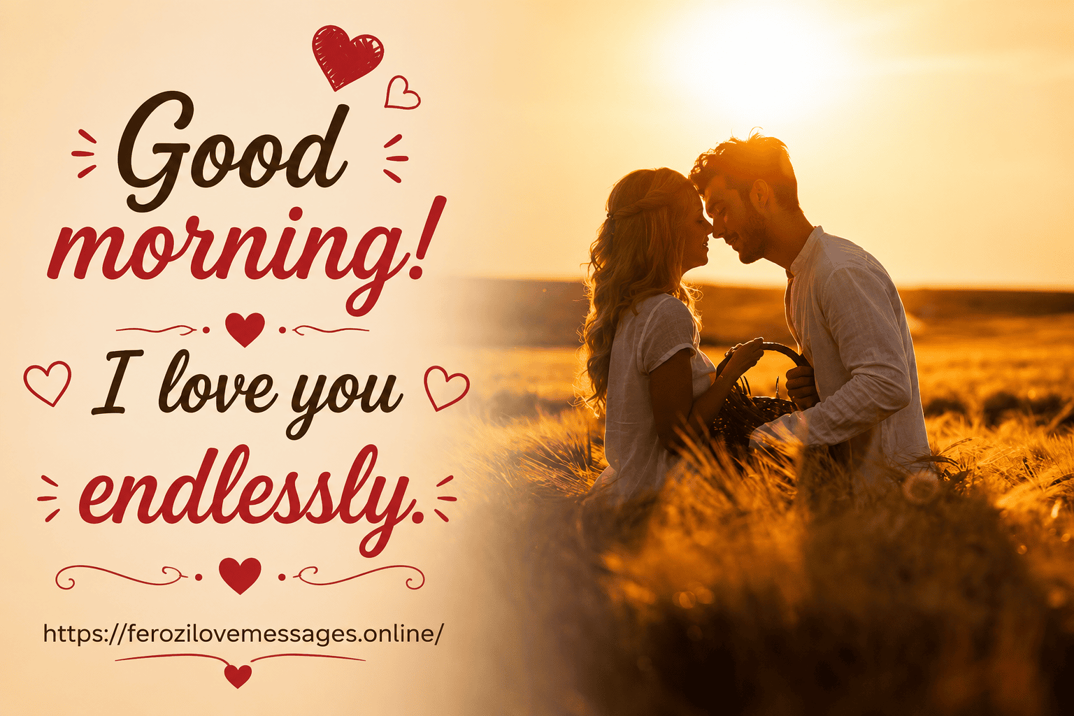 A couple leaning in close together in a sunlit field with cursive text reading "Good morning! I love you endlessly." overlaid on the left.