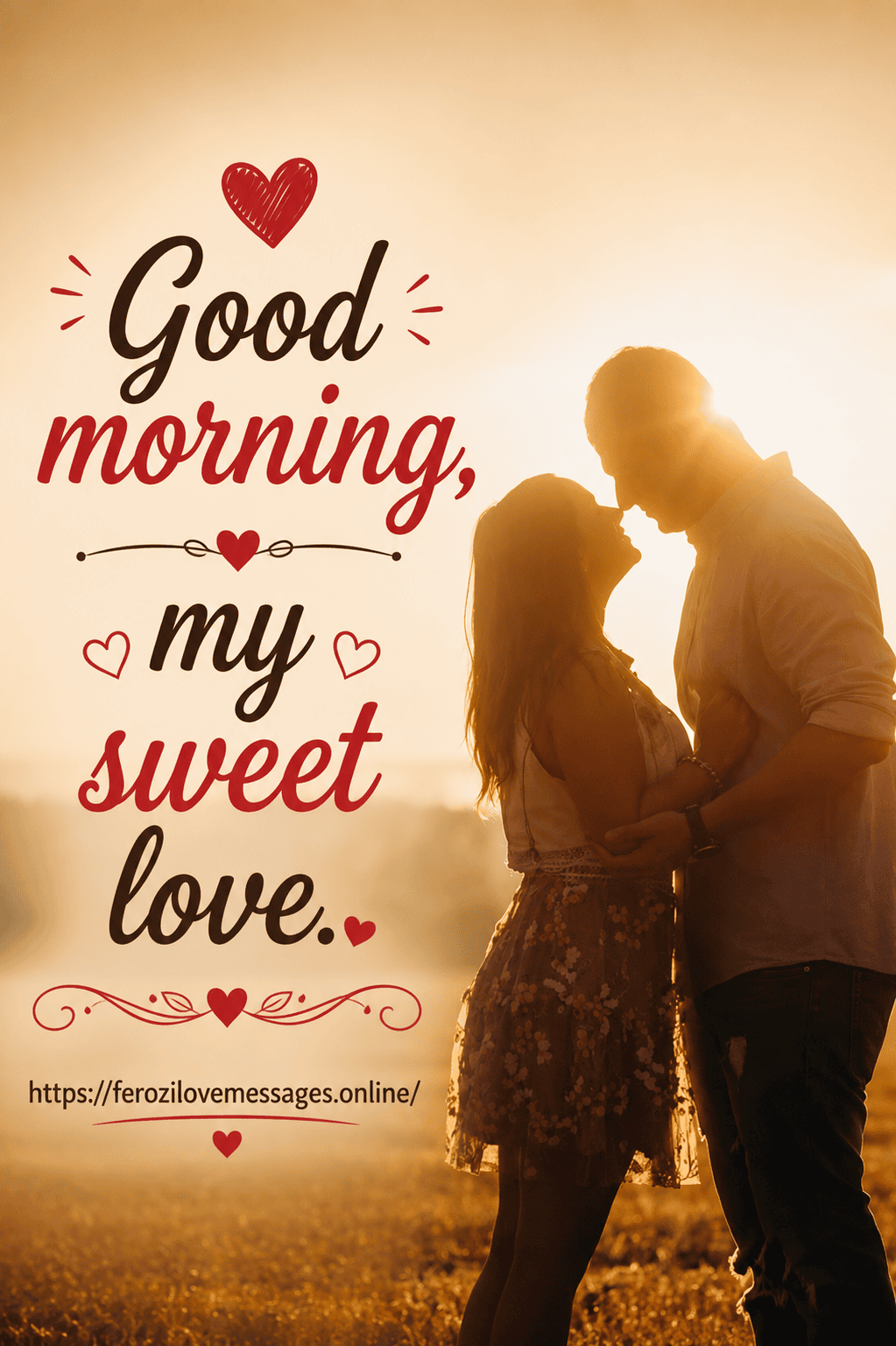 A couple silhouetted in warm morning sunlight holding each other with script text reading "Good morning, my sweet love." overlaid on the left.