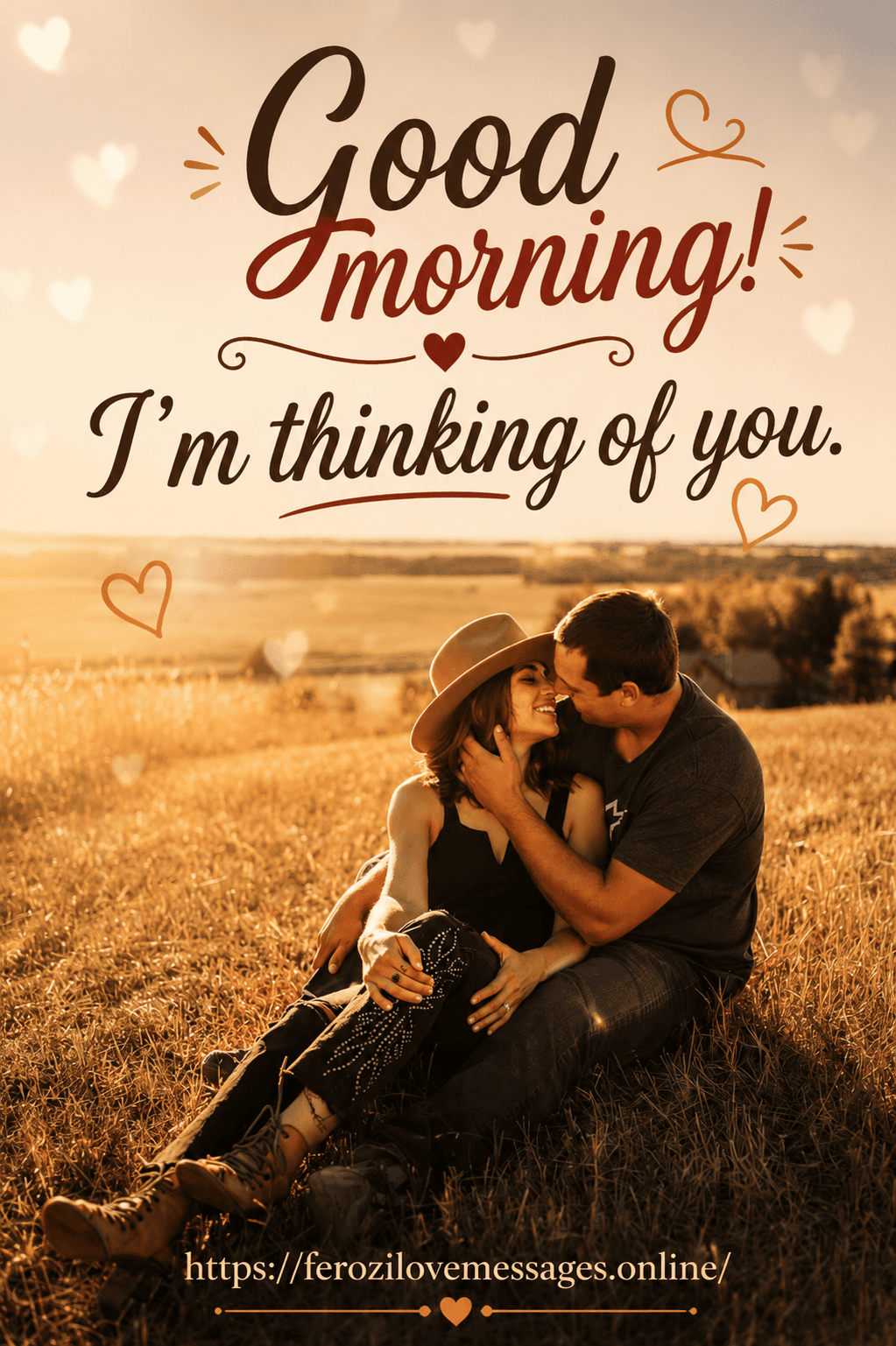 A couple sitting together in a sunlit field sharing a tender moment with script text reading "Good morning! I'm thinking of you." overlaid at the top.