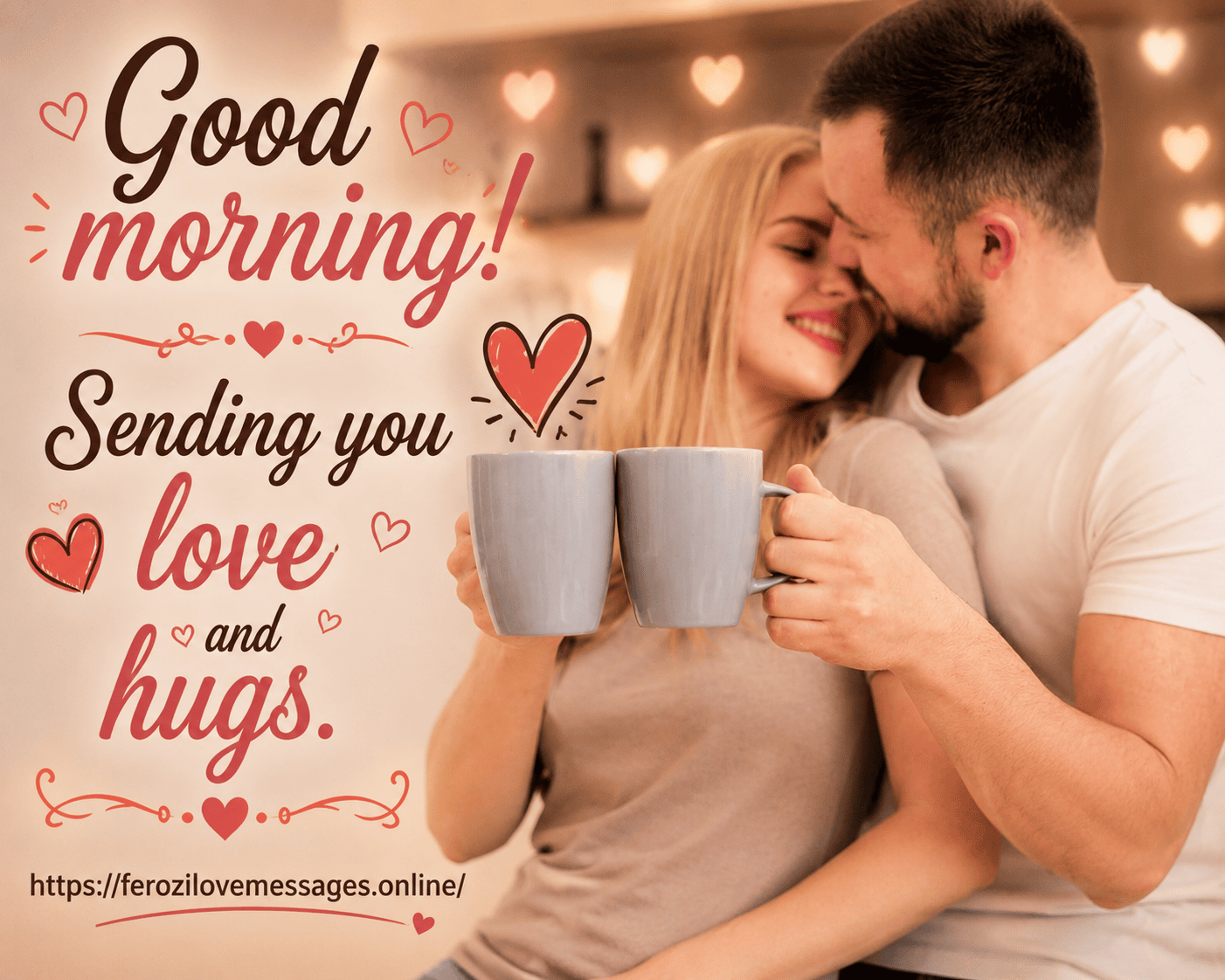 A man embracing and leaning close to a smiling woman while holding coffee mugs together, overlaid on the left with script text reading "Good morning! Sending you love and hugs."