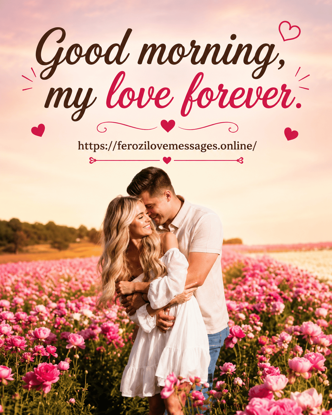 A couple embracing happily in a field of pink flowers with elegant cursive text reading "Good morning, my love forever." overlaid at the top.