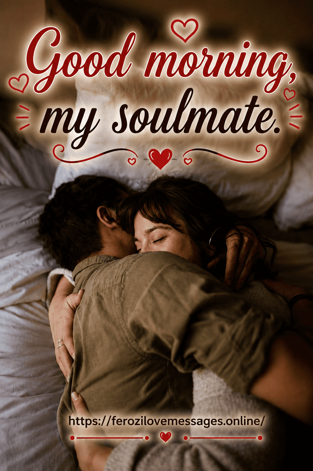 A couple holding each other tightly in bed with glowing red cursive text reading "Good morning, my soulmate." overlaid at the top.