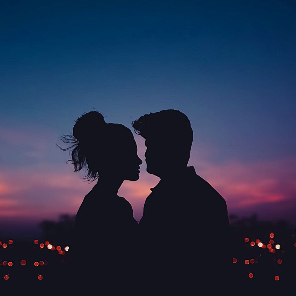 Romantic couple standing close together as silhouettes against a colorful sunset