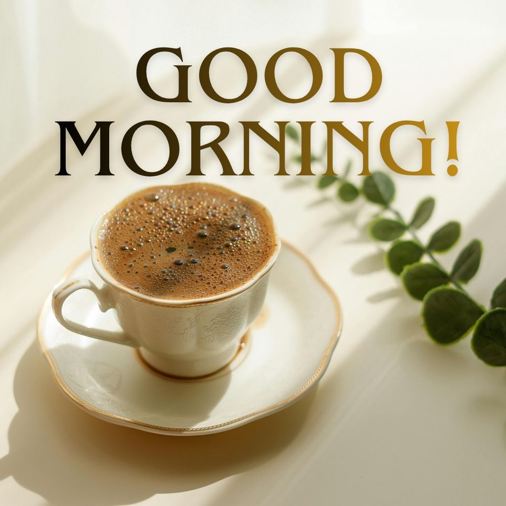Good morning coffee cup with green leaves and flowers