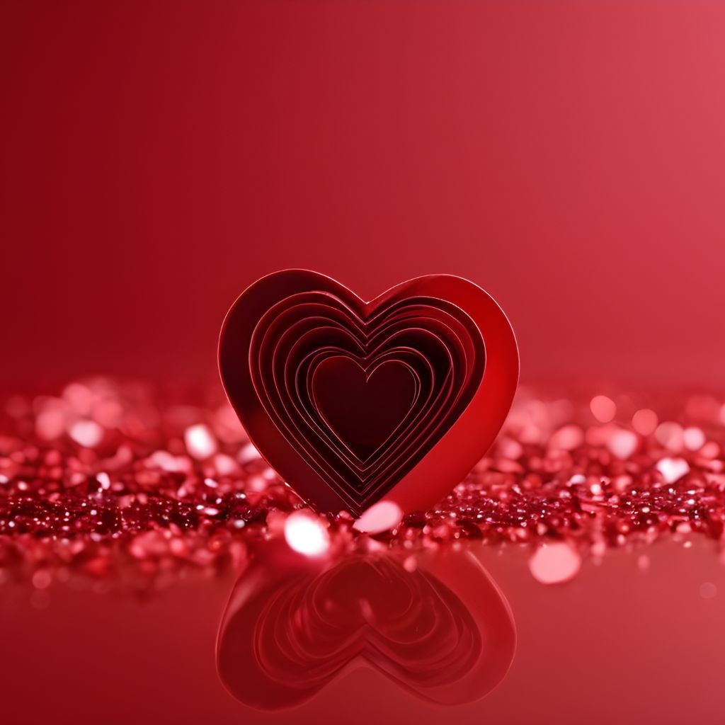 Layered red heart ornament on sparkling glitter surface
