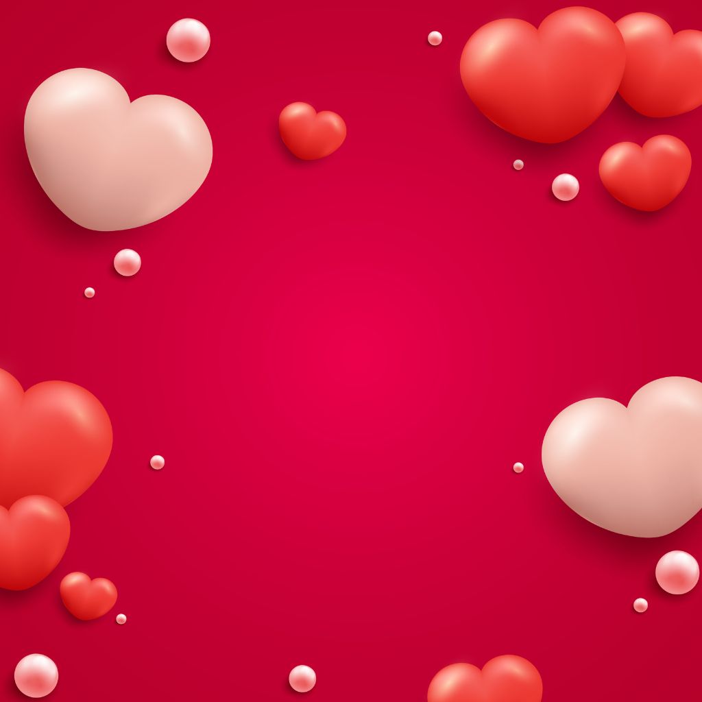 Pink and red hearts floating on a bright red background