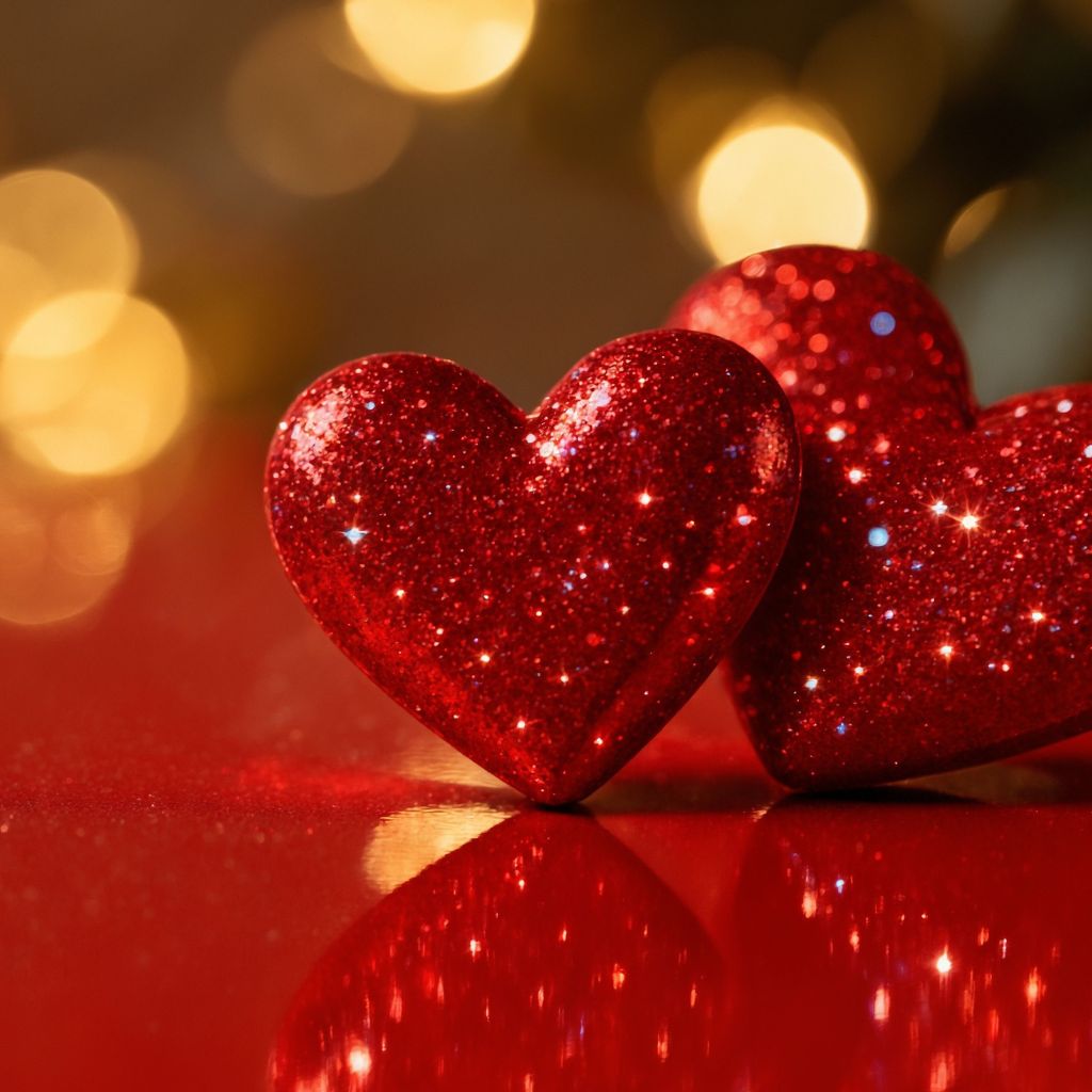 Red glitter hearts with warm golden bokeh lights