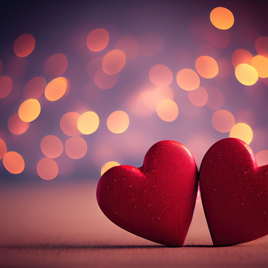 Two red hearts with glowing bokeh background