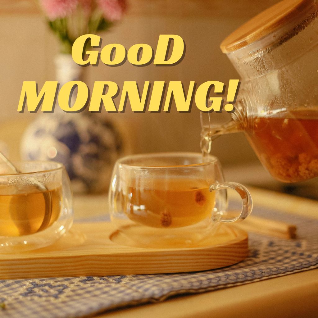 Text graphic displaying "Good morning" repeated multiple times in a cheerful font.