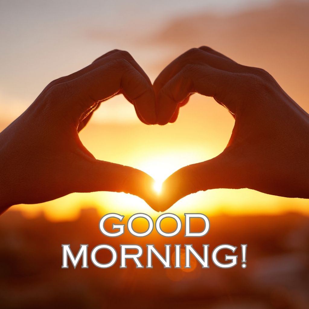 Hands forming a heart shape around a bright sunrise with bold “GOOD MORNING!” text at the bottom.