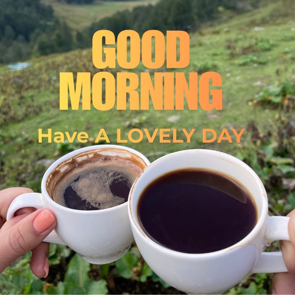 Bright morning scene with a sun rising over a landscape, accompanied by the text "Good Morning! Have a lovely day."