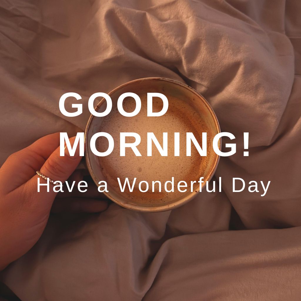 Bright morning scene with a sun rising over a landscape, accompanied by the text "Good Morning! Have a wonderful day!