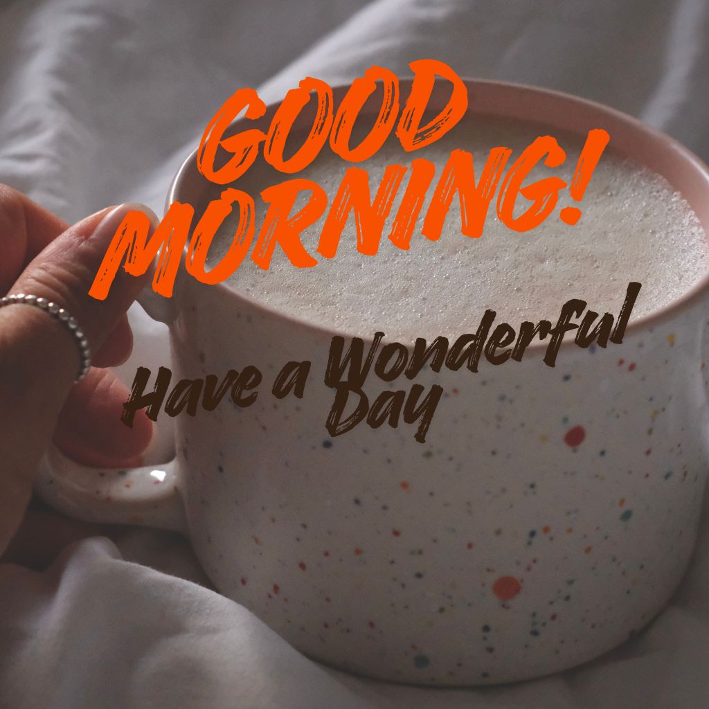 Bright morning scene with a sun rising over a landscape, accompanied by the text "Good Morning! Have a Wonderful Day!"