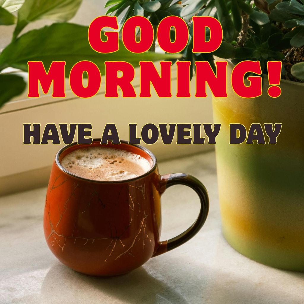 Bright morning scene with a sun rising over a landscape, accompanied by the text "Good Morning! Have a lovely day.