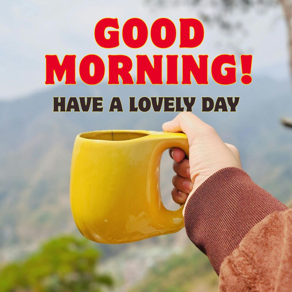 Bright morning scene with a sun rising over a landscape, accompanied by the text "Good Morning! Have a lovely day.