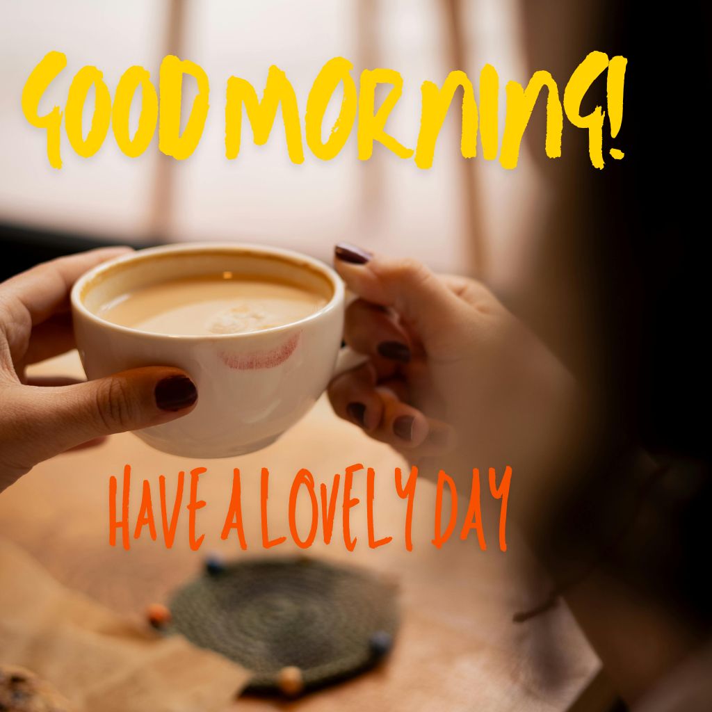 Bright morning scene with a sun rising over a landscape, accompanied by the text "Good Morning! Have a lovely day."