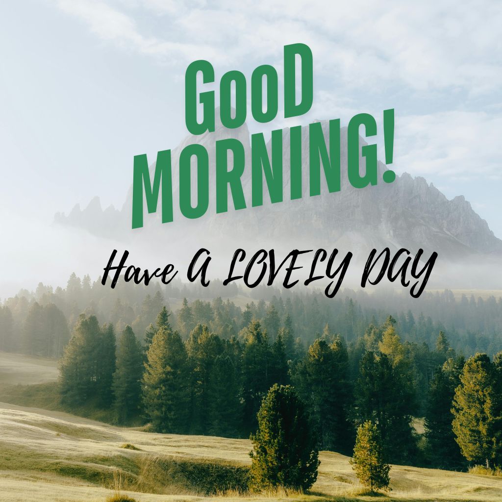 Bright morning scene with a sun rising over a landscape, accompanied by the text "Good Morning! Have a lovely day.