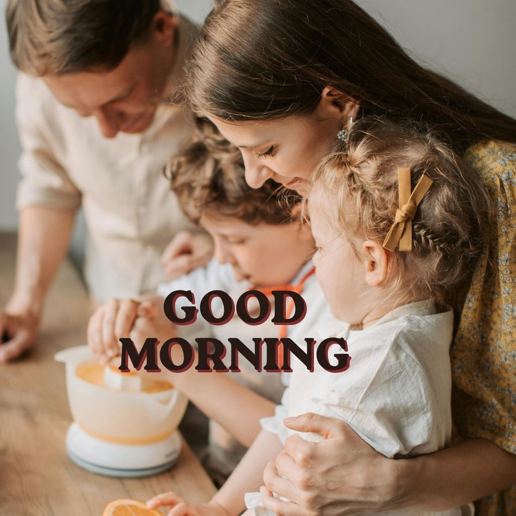 A bright sunrise illuminating a peaceful landscape with colorful flowers, conveying a cheerful good morning message.