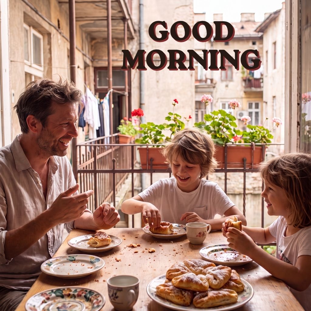 Repeated phrase "Good morning" in a cheerful pattern, conveying a warm and inviting morning greeting.