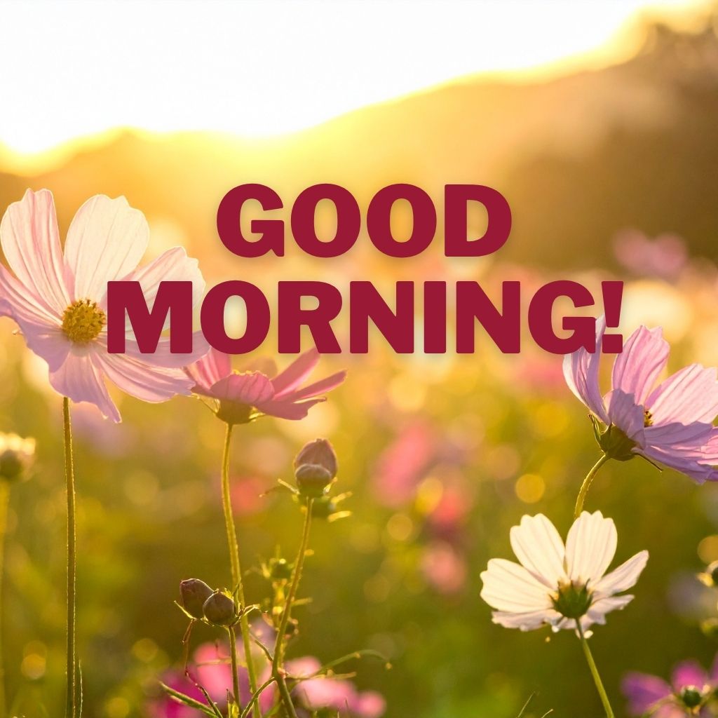 Pink and white cosmos flowers blooming in a sunlit meadow with bold text reading "GOOD MORNING!" overlaid across the top.